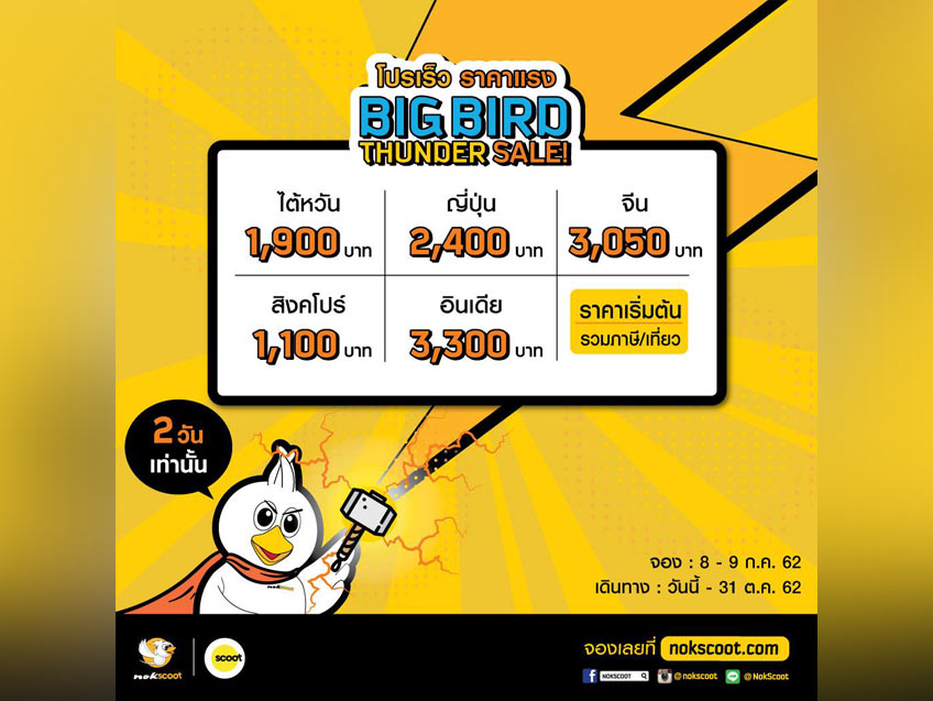 Big Bird Thunder Sale อยากเที่ยวต้องได้เที่ยว กับตั๋วบิน ราคาเริ่มต้นเพียง 1,900 บาท จาก Nok Scoot