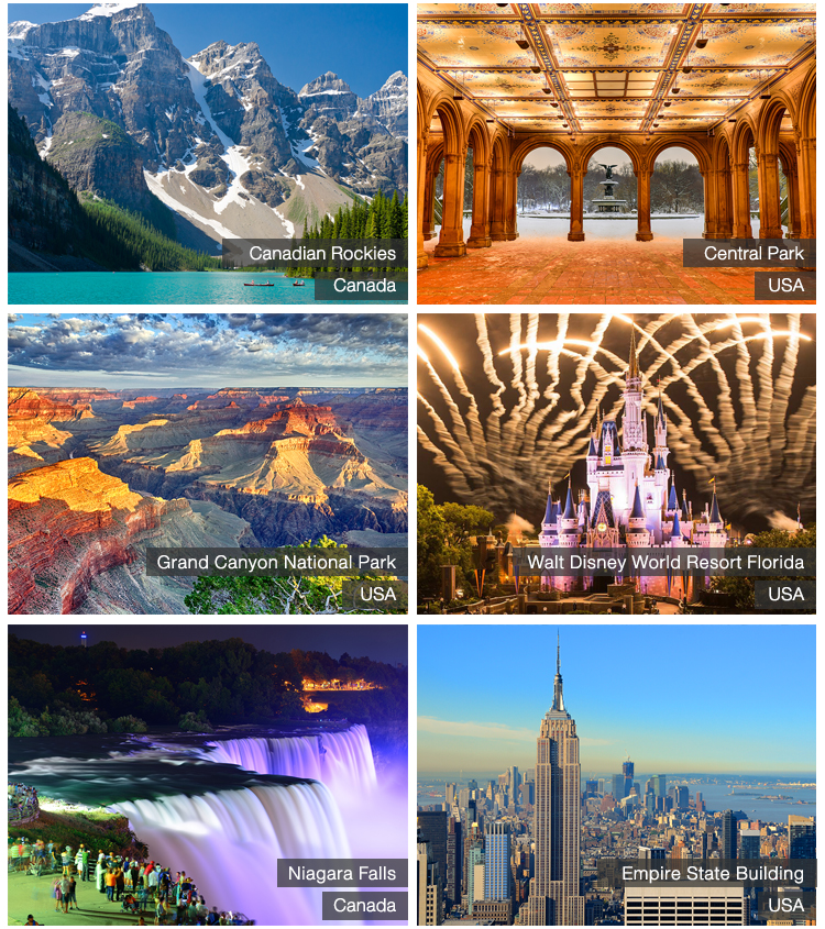 สถานที่ท่องเที่ยวแห่งอื่นในโซนอเมริกาเหนือ สถานที่ท่องเที่ยวยอดนิยม